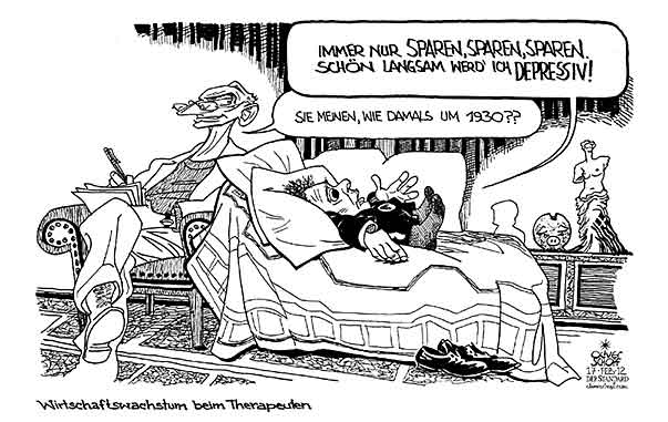  Oliver Schopf, politischer Karikaturist aus Österreich, politische Karikaturen, Illustrationen Archiv politische Karikatur Österreich Wirtschaft  und Finanzen 2012 WIRTSCHAFTSWACHSTUM SPARPAKET SPAREN DEPRESSION THERAPIE PSYCHOTHERAPEUT COUCH





