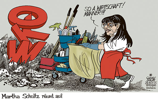 Oliver Schopf, politischer Karikaturist aus Österreich, politische Karikaturen aus Österreich, Karikatur Cartoon Illustrationen Politik Politiker Österreich Cartoon Movement, @oliverschopf.bsky.social 2025: WKO WIRTSCHAFTSKAMMER INTERIMSPRÄSIDENTIN MARTHA SCHULTZ REFORM AUFRÄUMEN SAUBER MACHEN SO A WIRTSCHAFT UNORDNUNG CHAOS


































