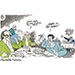 Oliver Schopf, politischer Karikaturist aus Österreich, politische Karikaturen aus Österreich, Karikatur Cartoon Illustrationen Politik Politiker Österreich 2023: EU GENTECHNIK NAHRUNGSMITTEL ESSEN REGIERUNG KOALITION TÜRKIS GRÜN GEWESSLER RAUCH TOTSCHNIG KICKL FPÖ FRANS TIMMERMANS RESTAURANT OBER MENU HAARE IN DER SUPPE
