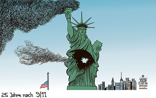 Oliver Schopf, politischer Karikaturist aus Österreich, politische Karikaturen aus Österreich, Karikatur Cartoon Illustrationen Politik Politiker international @oliverschopf.bsky.social 2026: 11. SEPTEMBER 9/11 25 JAHRE DANACH FREIHEITSSTATUE TRUMP LOCH RAUCH BRAND TÜRME WORLD TRADE CENTER FLUGZEUGE 










