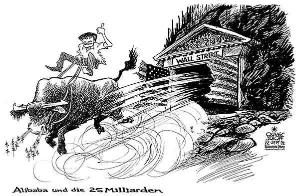 Oliver Schopf, editorial cartoons from Austria, cartoonist from Austria, Austrian illustrations, illustrator from Austria, editorial cartoon politics politician International, Cartoon Arts International, New York Times Syndicate, Cagle cartoon 2014: ALIBABA JACK MA NEW YORK STOCK EXCHANGE WALL STREET BULL RIDING CAVE   
      
