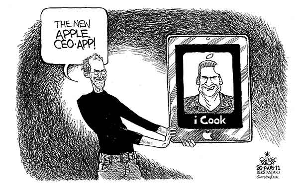 Oliver Schopf, politischer Karikaturist aus Österreich, politische Karikaturen aus Österreich, Karikatur Illustrationen Politik Politiker international 2011 apple steve jobs tim cook iPad app nachfolger 















 