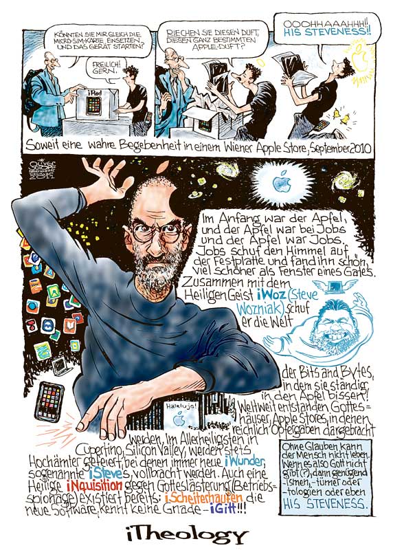 Oliver Schopf, politischer Karikaturist aus Österreich, politische Karikaturen aus Österreich, Karikatur Illustrationen Politik Politiker international 2011: apple mac steve jobs god religion theology iWoz




 