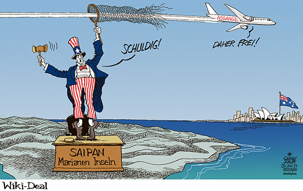 
Oliver Schopf, politischer Karikaturist aus Österreich, politische Karikaturen aus Österreich, Karikatur Cartoon Illustrationen Politik Politiker international 2024: JULIAN ASSANGE WIKILEAKS GRÜNDER FREIHEIT AUSREISE FLUGZEUG AUSTRALIEN MARIANEN INSELN SAIPAN USA UNCLE SAM URTEIL SCHULDIG NETZ EINFANGEN 




































 

 







