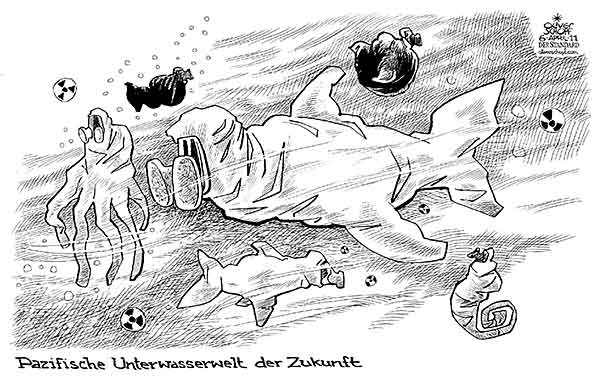  Oliver Schopf, politischer Karikaturist aus Österreich, politische Karikaturen, Illustrationen Archiv politische Karikatur Welt Asien Japan japan märz 2011 fukushima strahlung radioaktivität wasser pazific fische unterwasserwelt strahlenanzug





