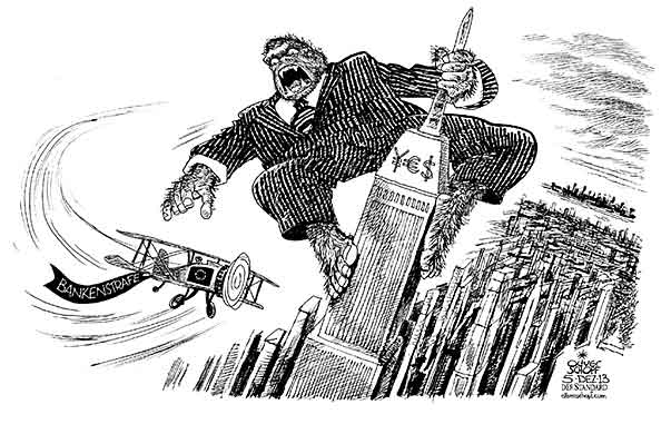 Oliver Schopf, politischer Karikaturist aus Österreich, politische Karikaturen aus Österreich, Karikatur Cartoon Illustrationen Politik Politiker international 2013: EU BANKEN STRAFE KING KONG FILM DOLLAR YEN EURO FLUGZEUG DOPPELDECKER 
 