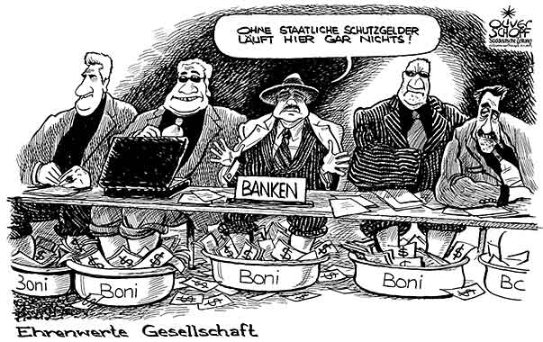  Oliver Schopf, politischer Karikaturist aus Österreich, politische Karikaturen aus Österreich, Karikatur Illustrationen politische Karikaturen Welt: 2009: wirtschaft, banken, boni, ehrenwerte gesellschaft, der pate, schutzgelder  