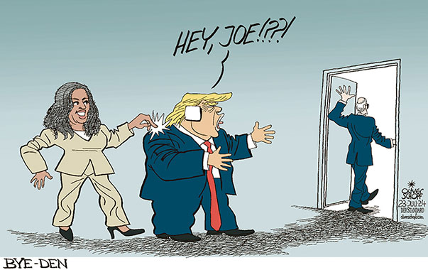 Oliver Schopf, editorial cartoons from Austria, cartoonist from Austria, Austrian illustrations, illustrator from Austria, editorial cartoon politics politician International, Cartoon Movement, CartoonArts International 2024: USA PRESIDENTIAL ELECTIONS JOE BIDEN WITHDRAWAL STEP DOWN CANDIDACY DEMOCRATS KAMALA HARRIS TRUMP HEY JOE BYE




















