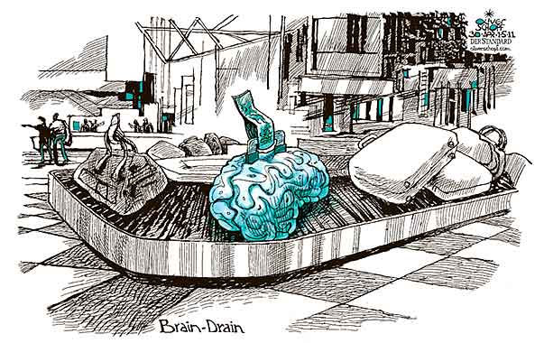 Oliver Schopf, editorial cartoons from Austria, cartoonist from Austria, Austrian illustrations, illustrator from Austria, editorial cartoon politics politician International 2011: brain-drain brain airport luggage band-conveyor






