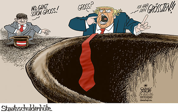 Oliver Schopf politische Karikaturen 2026 : Die aktuellen Staatsschulden 2026 der USA belaufen sich derzeit auf 40 Billionen Dollar, das Budgetdefizit auf 2,1 Bill. Dollar. Im Vergleich Österreich dazu: Staatsschulden bei 440 Mrd. Euro, das Budgetdefizit bei 22 Mrd. Euro.
Oliver Schopf, politischer Karikaturist aus Österreich, politische Karikaturen aus Österreich, Karikatur Cartoon Illustrationen Politik Politiker international @oliverschopf.bsky.social 2026: BUDGET STAATSSCHULDEN MARTERBAUER TRUMP BETTLER HÜTE VERGLEICH ÖSTERREICH USA DER GRÖSSTE