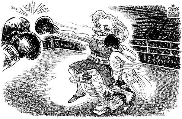 Oliver Schopf, editorial cartoons from Austria, cartoonist from Austria, Austrian illustrations, illustrator from Austria, editorial cartoon politics politician International, Cartoon Arts International, New York Times Syndicate, 2016: USA PRESIDENT ELECTIONS 2016 USA PRESIDENT ELECTIONS PRIMARIES TRUMP HILLARY CLINTON BERNIE SANDERS BOXING RING FIGHT MATCH  
