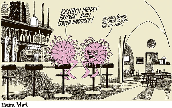 Oliver Schopf, politischer Karikaturist aus Österreich, politische Karikaturen aus Österreich, Karikatur Cartoon Illustrationen Politik Politiker international 2020: CORONAVIRUS KRISE SARS-CoV-2 COVID-19 IMPFSTOFF BIONTECH PFIZER WIRT BAR BARHOCKER WIRTSHAUS RESTAURANT LOCKDOWN  


