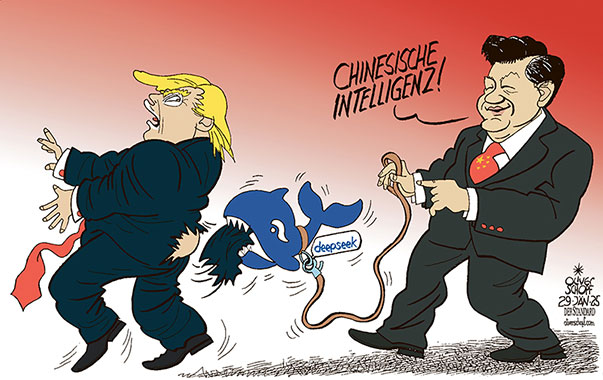 Oliver Schopf, politischer Karikaturist aus Österreich, politische Karikaturen aus Österreich, Karikatur Cartoon Illustrationen Politik Politiker international 2025: DEEPSEEK KI KÜNSTLICHE INTELLIGENZ CHINA USA TRUMP XI JINPING KONKURRENZ 











