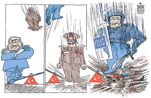 Oliver Schopf, politischer Karikaturist aus Österreich, politische Karikaturen aus Österreich, Karikatur Cartoon Illustrationen Politik Politiker international 2016 TÜRKEI ERDOĞAN ARMEE MILITÄR PUTSCH SCHAUKEL POLIZEI SÄUBERUNG FESTNAHME



 