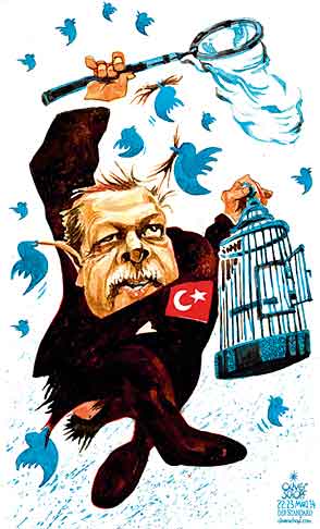 Oliver Schopf, politischer Karikaturist aus Österreich, politische Karikaturen aus Österreich, Karikatur Cartoon Illustrationen Politik Politiker international 2014: TUERKEI ERDOGAN TAYYIP TWITTER VOGEL VOGELFAENGER KAEFIG NETZ SOZIALES NETZWERK INTERNET
 