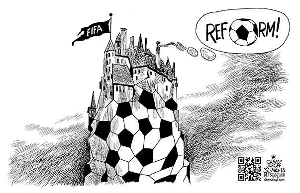 Oliver Schopf, editorial cartoons from Austria, cartoonist from Austria, Austrian illustrations, illustrator from Austria, editorial cartoon politics politician International, Cartoon Arts International, New York Times Syndicate, Cagle cartoon 2013 FIFA SOCCER CASTLE FORTRESS STRONGHOLD REFORM BALL SMOKE 

