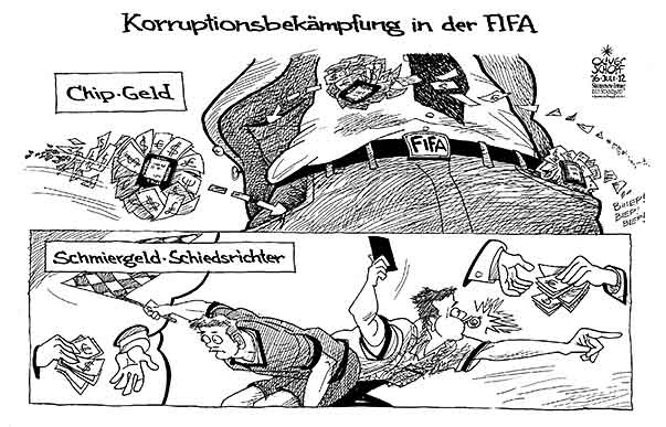 Oliver Schopf, politischer Karikaturist aus Österreich, politische Karikaturen aus Österreich, Karikatur Illustrationen Politik Politiker international  2012 FIFA FUSSBALL KORRUPTION GELD BLATTER CHIP BALL SCHIEDSRICHTER LINIENRICHTER       

     

 










 