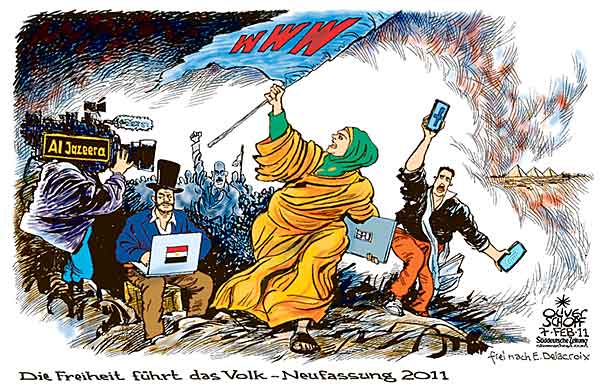 Oliver Schopf, politischer Karikaturist aus Österreich, politische Karikaturen aus Österreich, Karikatur Illustrationen Politik Politiker international 2011: freiheit revolution delacroix gemaelde internet facebook aegypten 






 