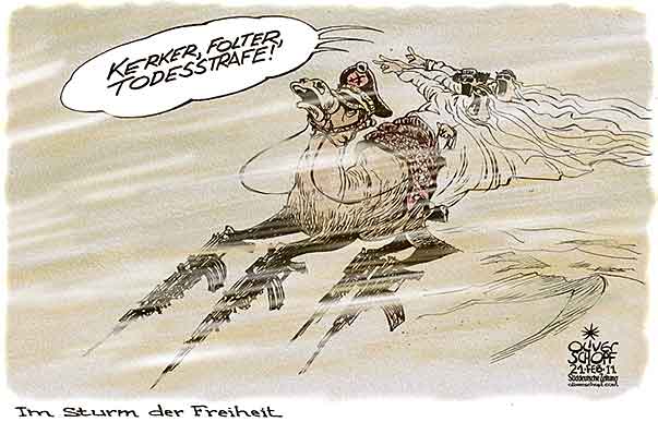  Oliver Schopf, politischer Karikaturist aus Österreich, politische Karikaturen, Illustrationen Archiv politische Karikatur Welt Naher Osten
2011 revolution aegypten libyen freiheit wueste sturm kamel armee al-gaddafi scheich im sturm der freiheit kerker folter todesstrafe kamel


