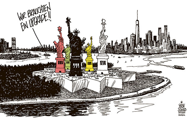  Oliver Schopf, politischer Karikaturist aus Österreich, politische Karikaturen, Illustrationen Archiv politische Karikatur Welt Rassismus 2020 USA RASSISMUS GEORGE FLOYD POLIZEI AUSSCHREITUNGEN FREIHEIT FREIHEITSSTATUE LIBERTY ISLAND NEW YORK UPGRADE   
     

