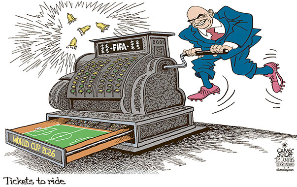 Oliver Schopf editorial cartoon 2026 : June 12, 2026: The World Cup is starting in the U.S., Canada and Mexico – with exorbitant prices for the tickets. No problem for FIFA-boss Gianni Infantino – a helpful investment in “dreams of poor children in lost places in Africa”.
Oliver Schopf, editorial cartoons from Austria, cartoonist from Austria, Austrian illustrations, illustrator from Austria, editorial cartoon politics politician International, Cartoon Movement, @oliverschopf.bsky.social 2026: WORLD CUP SOCCER USA MEXICO CANADA FIFA GIANNI INFANTINO TICKETS HIGH PRICES VINTAGE CASH REGISTER BELL RINGING GREED TICKETS TO RIDE THE BEATLES