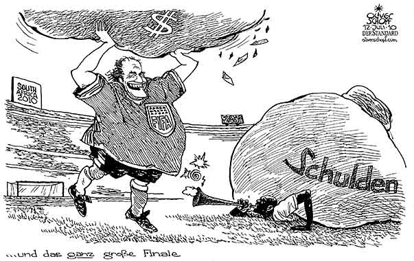 Oliver Schopf, politischer Karikaturist aus Österreich, politische Karikaturen aus Österreich, Karikatur Illustrationen Politik Politiker international 2010: fussball wm fifa finale endspiel sepp blatter dollar schulden
 