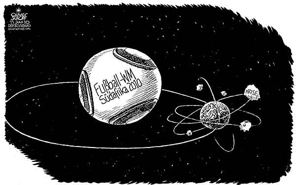 Oliver Schopf, politischer Karikaturist aus Österreich, politische Karikaturen aus Österreich, Karikatur Illustrationen Politik Politiker international 2010: fussball wm suedafrika ball jabulani planeten erde trabant krise

 