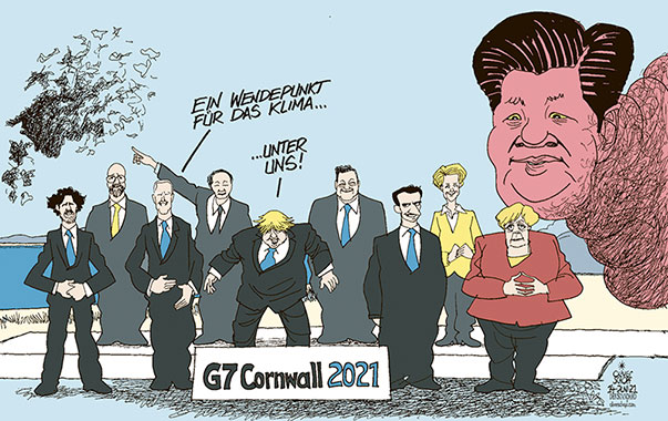 Oliver Schopf, politischer Karikaturist aus Österreich, politische Karikaturen aus Österreich, Karikatur Cartoon Illustrationen Politik Politiker international Klima und Umwelt 2021: G7 CORNWALL KLIMA WENDEPUNKT STIMMUNG TRUMP XI JINPING CHINA GEWITTER WOLKEN WETTER CO2   
