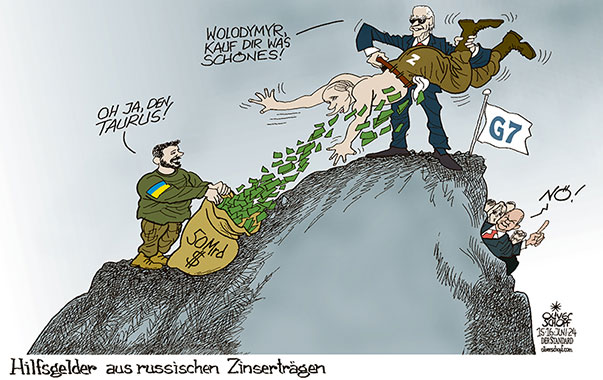 Oliver Schopf, politischer Karikaturist aus Österreich, politische Karikaturen aus Österreich, Karikatur Cartoon Illustrationen Politik Politiker international 2024: G7 GIPFEL ITALIEN UKRAINE WOLODYMYR SELENSKYJ JOE BIDEN HILFSGELDER RUSSISCHE ZINSERTRÄGE PUTIN 50 MRD US DOLLAR OLAF SCHOLZ TAURUS  



































 

 







