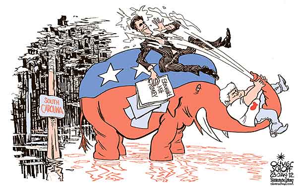 Oliver Schopf, politischer Karikaturist aus Österreich, politische Karikaturen aus Österreich, Karikatur Illustrationen Politik Politiker international  2012 USA USA NEWT GINGRICH MITT ROMNEY VORWAHLEN SOUTH CAROLINA ELEFANT REPUBLIKANER SUMPF  
 










 