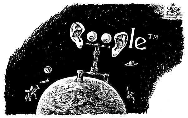 Oliver Schopf, editorial cartoons from Austria, cartoonist from Austria, Austrian illustrations, illustrator from Austria, editorial cartoon politics politician International 2010: google earth view web internet space observing spy satellite 


