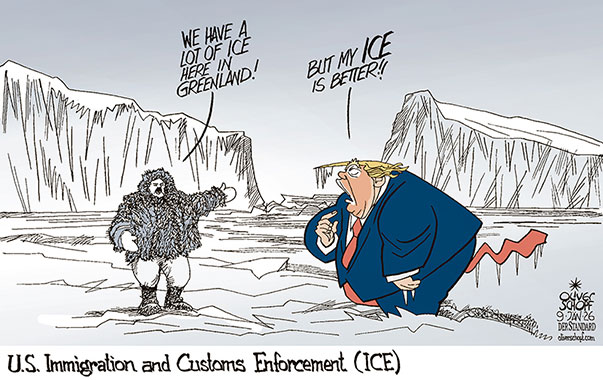 Oliver Schopf, politischer Karikaturist aus Österreich, politische Karikaturen aus Österreich, Karikatur Cartoon Illustrationen Politik Politiker international @oliverschopf.bsky.social 2026: USA TRUMP GRÖNLAND EROBERN BESETZEN INUIT ICE EIS IMMIGRATION AND CUSTOMS ENFORCEMENT POLIZEI UND ZOLLBEHÖRDE INNERE SICHERHEIT 
