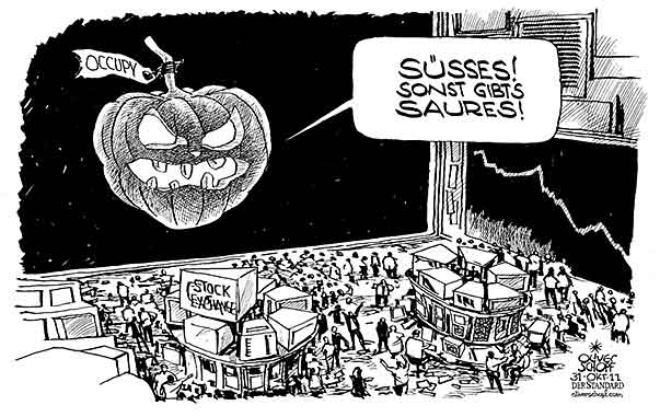  Oliver Schopf, politischer Karikaturist aus Österreich, politische Karikaturen, Illustrationen Archiv politische Karikatur Welt Wirtschaft und Finanzen 2011 OCCUPY WALL STREET KRISE EURO SCHULDEN BANKEN BOERSE HALLOWEEN  


