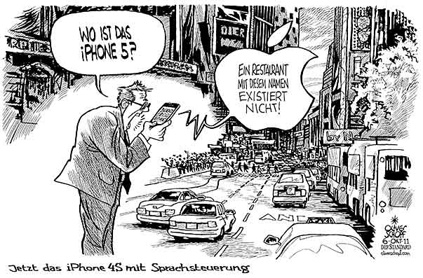 Oliver Schopf, politischer Karikaturist aus Österreich, politische Karikaturen aus Österreich, Karikatur Illustrationen Politik Politiker international 2011 iphone 4s apple handy sprachsteuerung siri telefonieren suchen fragen












 