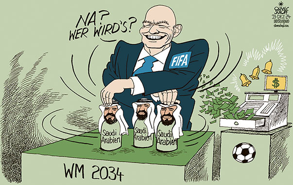 Oliver Schopf, politischer Karikaturist aus Österreich, politische Karikaturen aus Österreich, Karikatur Cartoon Illustrationen Politik Politiker international 2024: FIFA FUSSBALL GIANNI INFANTINO WM VERGABE SAUDI ARABIEN 2034 HÜTCHENSPIEL TRICKSEN GELD DOLLAR MILLIONEN KASSA KLINGELN KORRUPTION 






