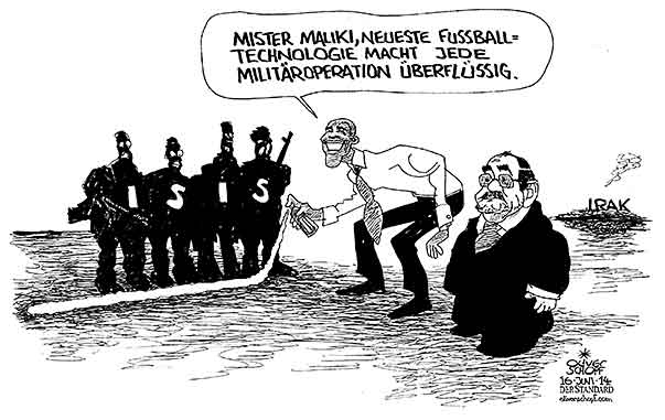 Oliver Schopf, politischer Karikaturist aus Österreich, politische Karikaturen aus Österreich, Karikatur Cartoon Illustrationen Politik Politiker international 2014: : IRAK MALIKI OBAMA ISIS FREISTOSSSPTAY SCHAUM LINIE MILITAER OPERATION TERROR  



 