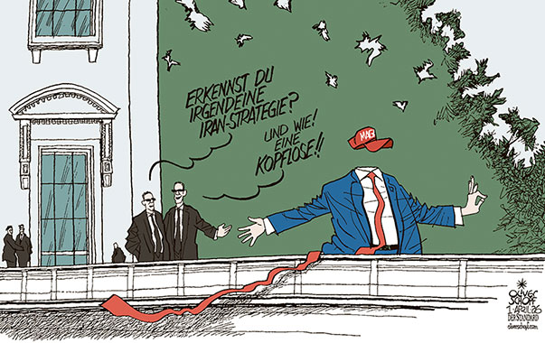 Oliver Schopf, politischer Karikaturist aus Österreich, politische Karikaturen aus Österreich, Karikatur Cartoon Illustrationen Politik Politiker international @oliverschopf.bsky.social 2026: IRAN KRIEG NAHER OSTEN TRUMP STRATEGIE KOPFLOS WEISSES HAUS DACH SECRET SERVICE 


