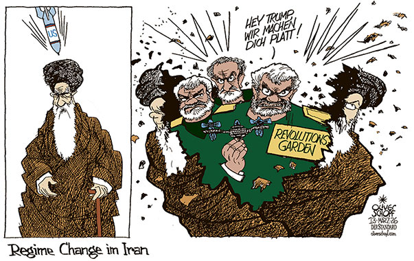 Oliver Schopf, politischer Karikaturist aus Österreich, politische Karikaturen aus Österreich, Karikatur Cartoon Illustrationen Politik Politiker international @oliverschopf.bsky.social 2026: IRAN KRIEG USA LUFTSCHLAG ALI KHAMENEI REVOLUTIONSGARDEN REGIME CHANGE DROHNEN 


