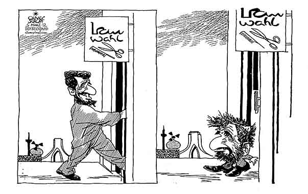  Oliver Schopf, politischer Karikaturist aus Österreich, politische Karikaturen, Illustrationen Archiv politische Karikatur Welt Iran 2012 IRAN WAHLEN AHMADINEDSCHAD FRISEUR STUTZEN   
 



