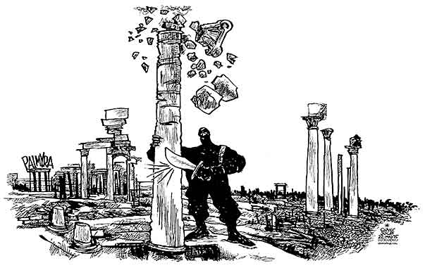 Oliver Schopf, editorial cartoons from Austria, cartoonist from Austria, Austrian illustrations, illustrator from Austria, editorial cartoon  2015 TERROR ISIS ISIL PALMYRA RUINS UNESCO WORLD HERITAGE DESTROYING DESTRUCTION 
