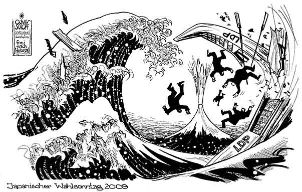  Oliver Schopf, politischer Karikaturist aus Österreich, politische Karikaturen aus Österreich, Karikatur Illustrationen politische Karikaturen Welt: 2009: japan, parlamentswahlen, liberaldemokratische partei, ldp, hokusai, holzschnitt, welle tsunami Politik Politiker  