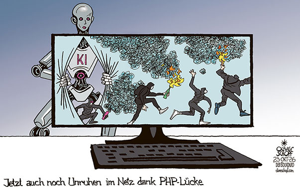 Oliver Schopf, politischer Karikaturist aus Österreich, politische Karikaturen aus Österreich, Karikatur Cartoon Illustrationen Politik Politiker international @oliverschopf.bsky.social 2026: KI KÜNSTLICHE INTELLIGENZ SICHERHEIT LÜCKE PHP INTERNET NETZ HACKER DATEN UNRUHEN FRANKREICH 












