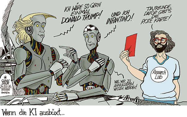 Oliver Schopf politische Karikaturen 2026 : KI von OpenAI büxt ins Internet aus und lanciert einen Cyberangriff auf Hugging Face. Nicht auszudenken, was sich die KI noch so alles ausdenkt oder wünscht?
ki_openai_ausbuexen