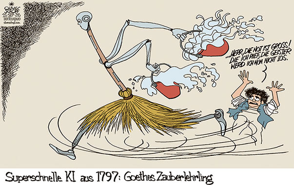 Oliver Schopf, politischer Karikaturist aus Österreich, politische Karikaturen aus Österreich, Karikatur Cartoon Illustrationen Politik Politiker international @oliverschopf.bsky.social 2026: KI KÜNSTLICHE INTELLIGENZ SCHNELL OPENAI ANTHROPIC MUSK ZAUBERLEHRLING GOETHE BESEN WASSER GEISTER  










