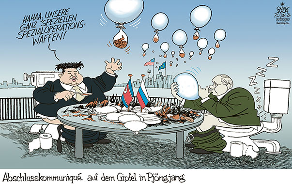 Oliver Schopf, politischer Karikaturist aus Österreich, politische Karikaturen aus Österreich, Karikatur Cartoon Illustrationen Politik Politiker international 2024: NORDKOREA KIM JONG-UN PUTIN TREFFEN GIPFEL PJÖNGJANG FÄKALBALLON WAFFEN WESTEN USA EU ALLUMFASSENDE STRATEGISCHE PARTNERSCHAFT FESTUNG BEISTAND KLOMUSCHEL FÄKALIEN BALLONS VERHANDLUNGSTISCH SPEZIALOPERATION Z



































 

 







