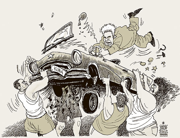 Oliver Schopf, politischer Karikaturist aus Österreich, politische Karikaturen aus Österreich, Karikatur Cartoon Illustrationen Politik Politiker international Welt Kuba 2021 : KUBA VOLK DEMONSTRATIONEN PROTESTE PRÄSIDENT MIGUEL DIAZ-CANEL AUTO OLDTIMER AMI SCHLITTEN SCHÜTTELN RÜTTELN STEUER LENKRAD KLAMMERN     
