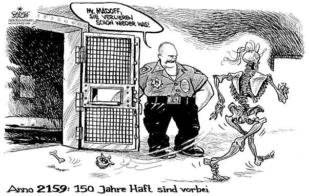  Oliver Schopf, politischer Karikaturist aus Österreich, politische Karikaturen aus Österreich, Karikatur Illustrationen politische Karikaturen Welt: 2009: usa, madoff, urteil, gericht, haft, 150 jahre, zelle, entlassung, skelett 
  