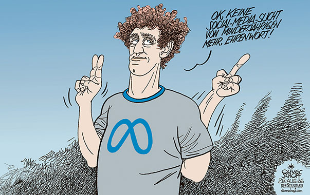 Oliver Schopf politische Karikaturen 2026 : META einigt sich mit einigen US-Bundesstaaten auf einen Vergleich bei Social-Media-Sucht von Minderjährigen und zahlt 16 Mrd. US-Dollar. Und will Kontrollmechanismen einbauen. Ob’s so kommt, Mark Zuckerberg?
Oliver Schopf, politischer Karikaturist aus Österreich, politische Karikaturen aus Österreich, Karikatur Cartoon Illustrationen Politik Politiker international @oliverschopf.bsky.social 2026: META FACEBOOK INSTAGRAM SOCIAL MEDIA MARK ZUCKERBERG SUCHT KINDER MINDERJÄHRIGE VERGLEICH 16 MRD US DOLLAR KONTROLLE SCHWUR EHERENWORT STINKEFINGER