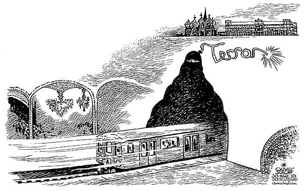 Oliver Schopf, editorial cartoons from Austria, cartoonist from Austria, Austrian illustrations, illustrator from Austria, editorial cartoon politics politician International 2010: Russia Moscow subway terror women bomb tunnel

