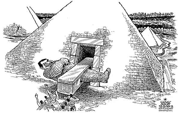 Oliver Schopf, editorial cartoons from Austria, cartoonist from Austria, Austrian illustrations, illustrator from Austria, editorial cartoon politics politician International 2011: Mubarak Egypt pyramid giza tomb sarcophagus burial funeral






